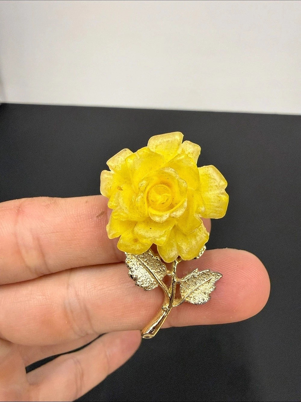Vintage Yellow Lucite Resin Rose Brooch Gold Tone Dimensional Flower Pin 1960s